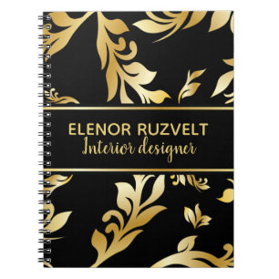 Lux gold black modern elegant floral damask design notebook