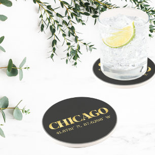 Lux Gold Chicago Latitude & Longitude Coaster