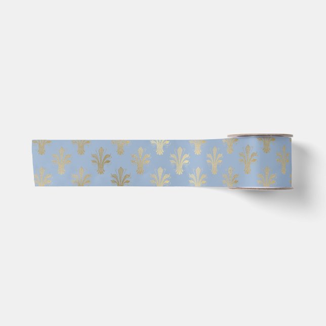 Lux Gold Fleur de Lis and Cerulean Blue Satin Ribbon (Front)