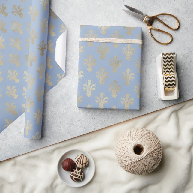 Lux Gold Fleur de Lis and Cerulean Blue  Wrapping Paper (Crafts)