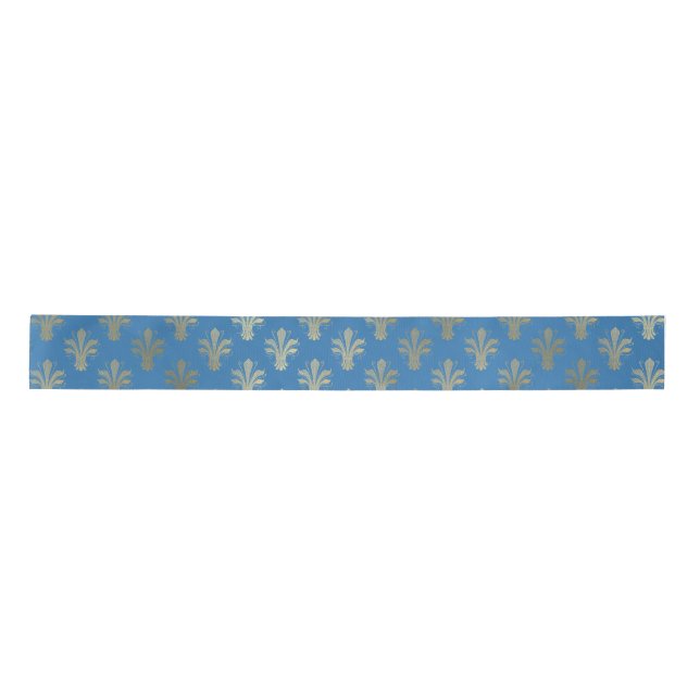 Lux Gold Fleur de Lis and French Blue  Satin Ribbon (Front)