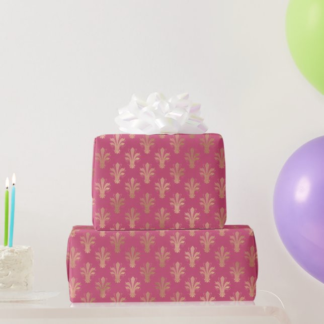 Lux Gold Fleur de Lis and Raspberry Sorbet  Wrapping Paper (Party Gifts)