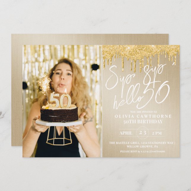 Lux Gold Glitter 50th Photo Birthday Invitat Invitation (Front/Back)
