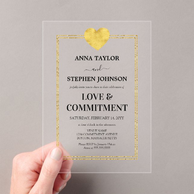 Lux Gold Heart Love & Commitment Ceremony Acrylic Invitations (Insitu (Handheld))