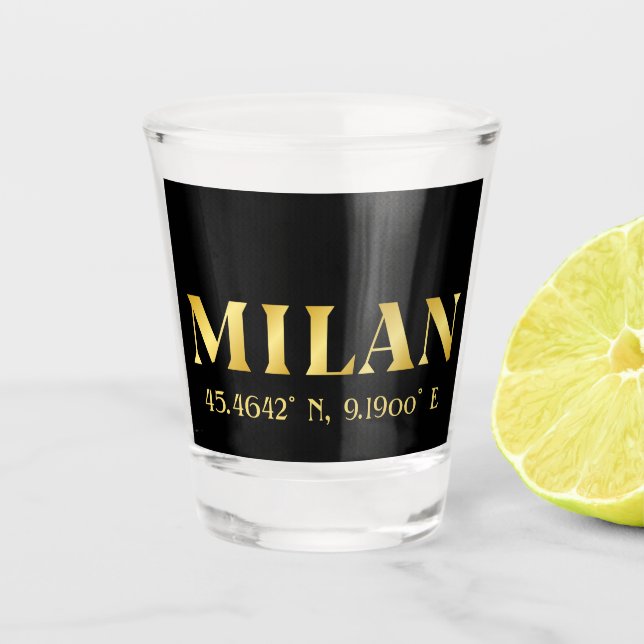 Lux Gold Milan Latitude & Longitude Black  Shot Glass (Front)