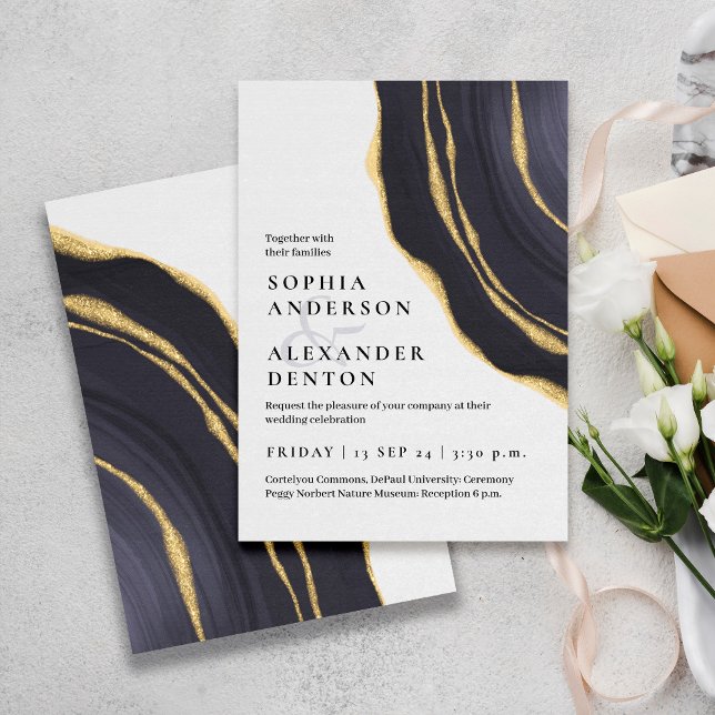 Lux grey golden agate wedding invitation (Creator Uploaded)