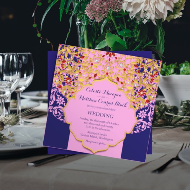 Lux Jewelled Gold Pink Blue Hindu Wedding Invitation (Creator Uploaded)