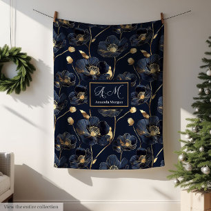 Lux Minimalist Navy Throw Gold Flowers Monogram Fleece Blanket