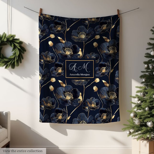 Lux Minimalist Navy Throw Gold Flowers Monogram Fleece Blanket (Lux Minimalist Navy Throw Gold Flowers Monogram)