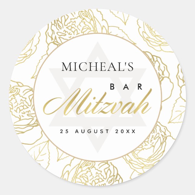 LUX NAVY BLUE GOLD ROSE FLORAL BAR BAT MITZVAH CLASSIC ROUND STICKER (Front)
