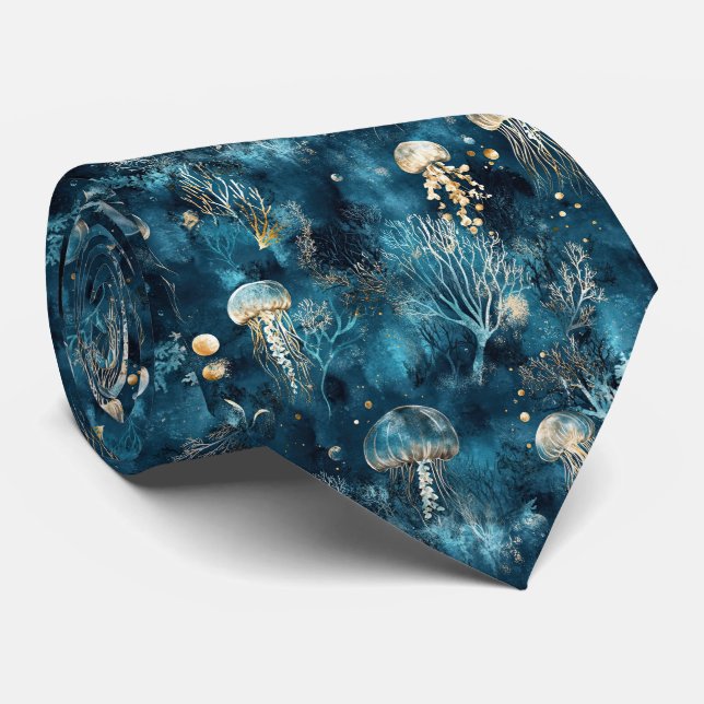 Lux Ocean Jellyfish & Coral Gold Pattern (2) Tie (Rolled)