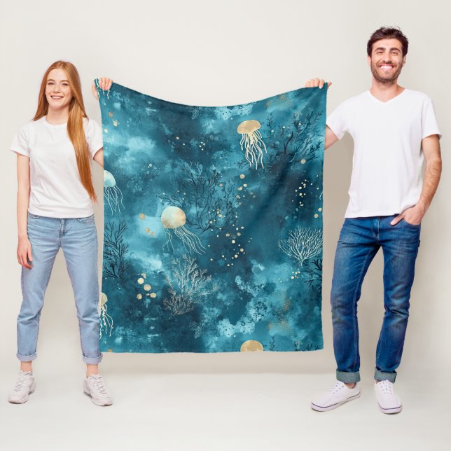 Lux Ocean Jellyfish & Coral Gold Pattern (3) Fleece Blanket (In Situ)