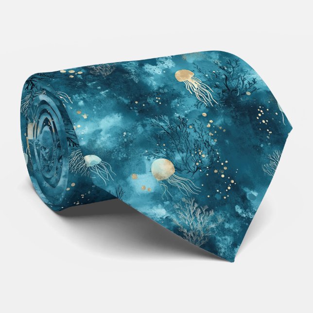 Lux Ocean Jellyfish & Coral Gold Pattern (3) Tie (Rolled)
