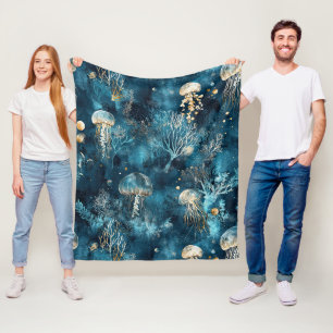 Lux Ocean Jellyfish & Coral Gold Pattern Fleece Blanket