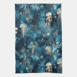 Lux Ocean Jellyfish & Coral Gold Pattern Kitchen Towel