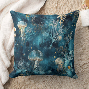 Lux Ocean Jellyfish & Coral Gold Pattern Throw Pillow