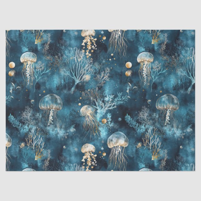 Lux Ocean Jellyfish & Coral Gold Pattern Tissue Paper (Front)