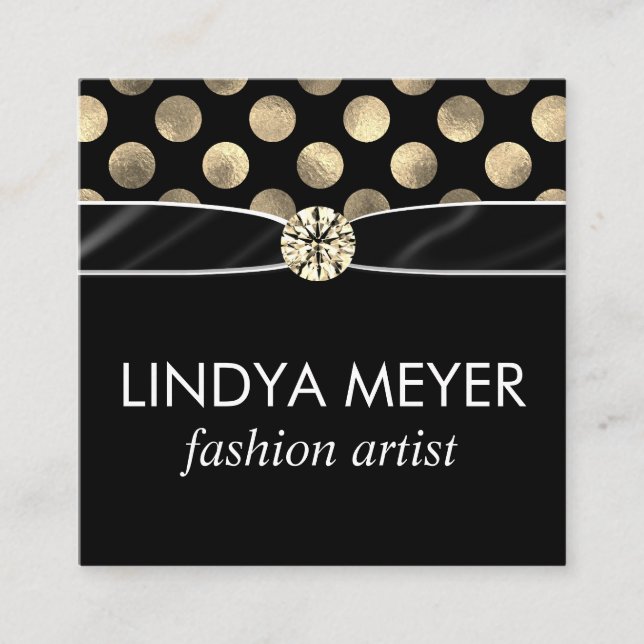 Lux Polka Dot Ribbon and Diamond Centre Piece Square Business Card (Front)
