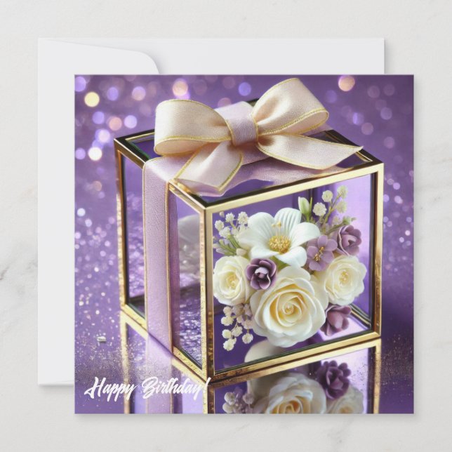 Lux purple glass floral gift gold chiffon bow holiday card (Front)