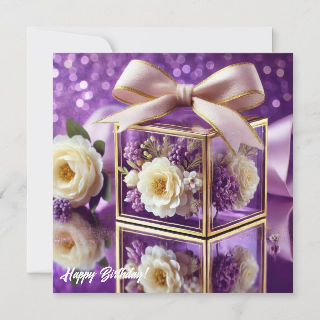 Lux purple glass floral gift gold chiffon bow holiday card (Front)