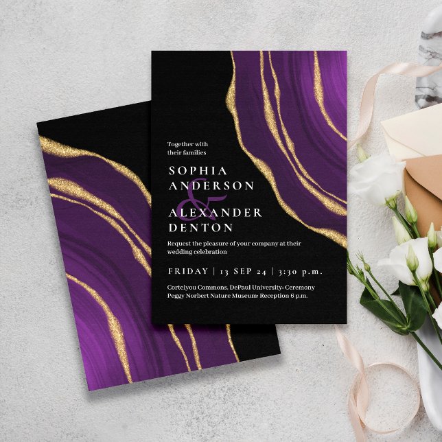 Lux purple golden agate black wedding invitation (Creator Uploaded)