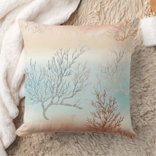 Lux Watercolor Coastal Coral & Ocean Waves (1) Throw Pillow