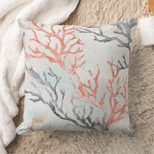 Lux Watercolor Coastal Coral & Ocean Waves (3) Throw Pillow