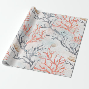 Lux Watercolor Coastal Coral & Ocean Waves (3) Wrapping Paper