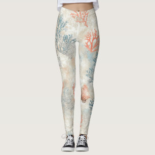 Lux Watercolor Coastal Coral & Ocean Waves (6) Leggings