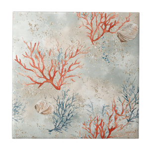Lux Watercolor Coastal Coral & Ocean Waves (7) Tile