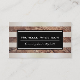 Lux White Gold Stripes / Rustic Wood Business Card