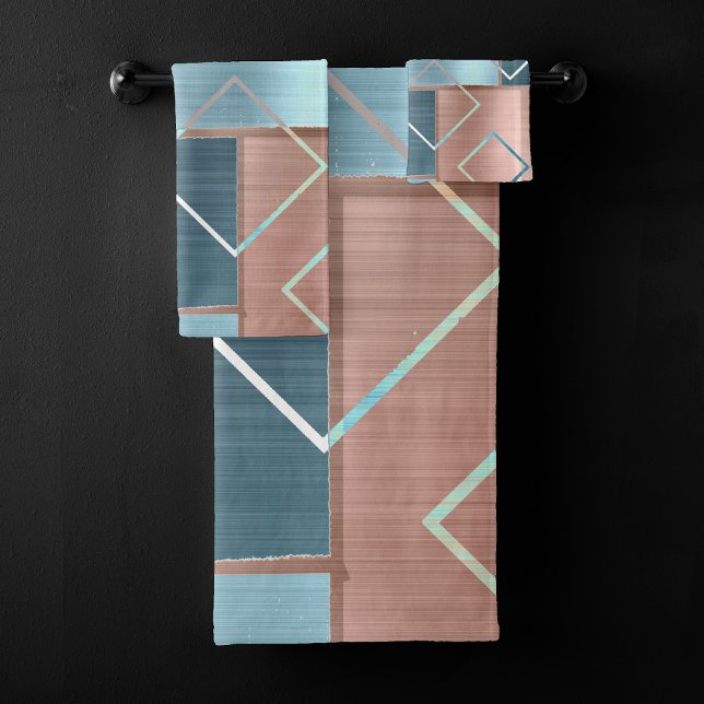 Luxe Abstract | Blush Rose Gold and Teal Geometric Bath Towel Set (Creator Uploaded)