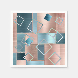 Luxe Abstract   Blush Rose Gold and Teal Geometric Napkin