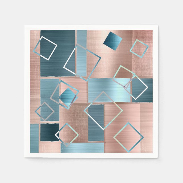 Luxe Abstract | Blush Rose Gold and Teal Geometric Napkin (Front)