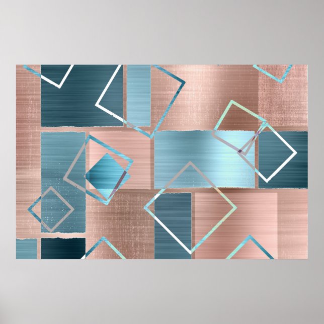 Luxe Abstract | Blush Rose Gold and Teal Geometric Poster (Front)