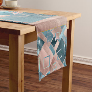 Luxe Abstract Blush Rose Gold and Teal Geometric Short Table Runner