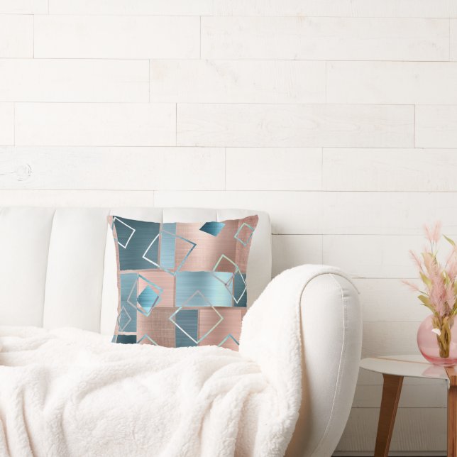 Luxe Abstract | Blush Rose Gold and Teal Geometric Throw Pillow (Couch)