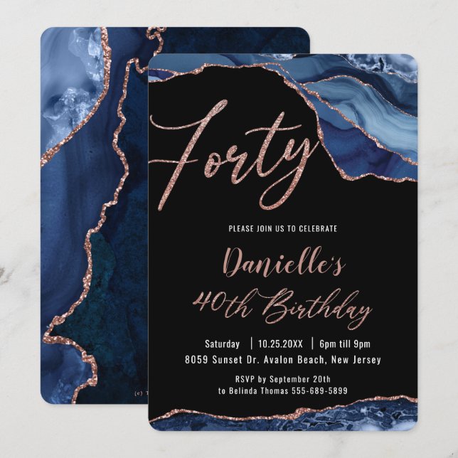 Luxe Agate Sapphire Blue Rose Gold 40th Birthday  Invitation (Front/Back)
