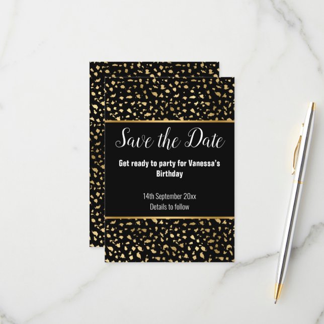 LUXE ANIMAL PRINT BLACK GLITTER SAVE THE DATE RSVP CARD (Front/Back In Situ)