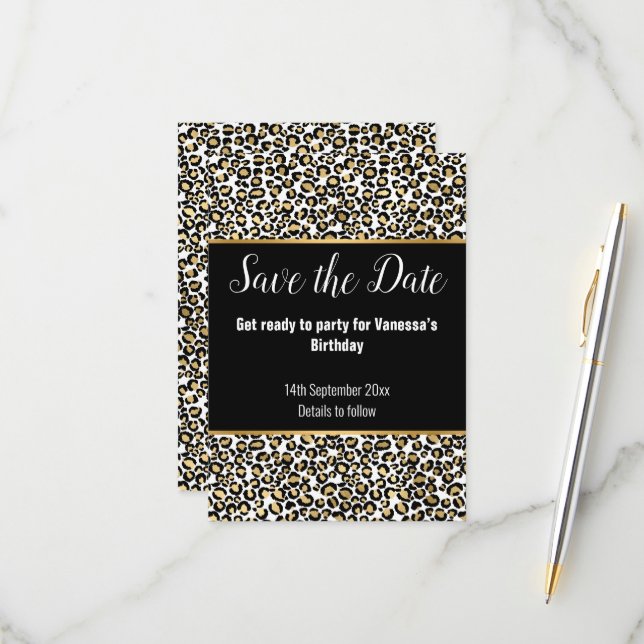 LUXE ANIMAL PRINT GOLD GLITTER SAVE THE DATE RSVP CARD (Front/Back In Situ)