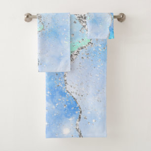 LUXE AQUA BLUE SPARKLE MARBLE CUSTOM 2 TOWEL SET