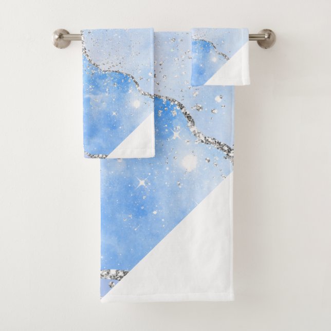 LUXE AQUA BLUE SPARKLE MARBLE CUSTOM ANGLE  BATH TOWEL SET (Insitu)