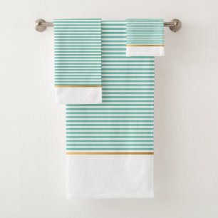 LUXE AQUA WHITE STRIPE GOLD BATHROOM TOWEL SET