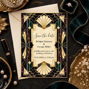 Luxe Art Deco Wedding Emerald Gold Glamour Invitation