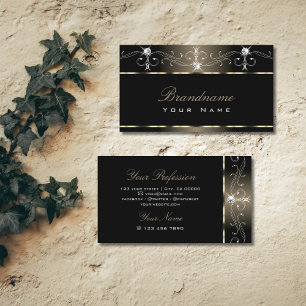 Luxe Black Beige Squiggles Sparkle Jewels Ornate Business Card