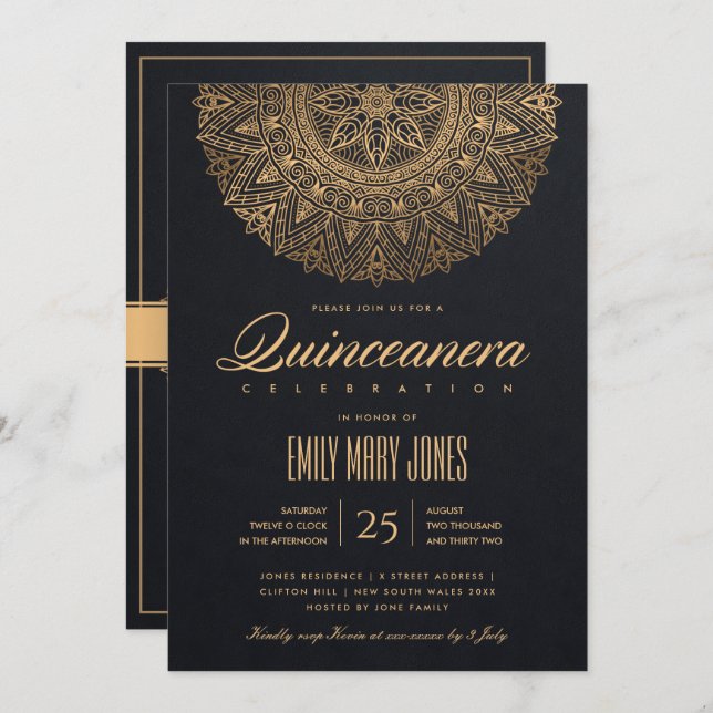 LUXE BLACK GOLD CLASSIC ORNATE MANDALA QUINCEANERA INVITATION (Front/Back)