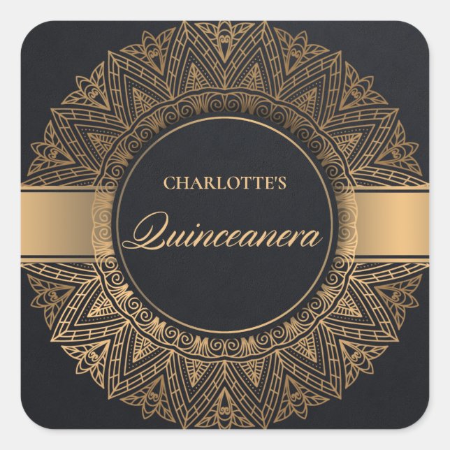 LUXE BLACK GOLD CLASSIC ORNATE MANDALA QUINCEANERA SQUARE STICKER (Front)