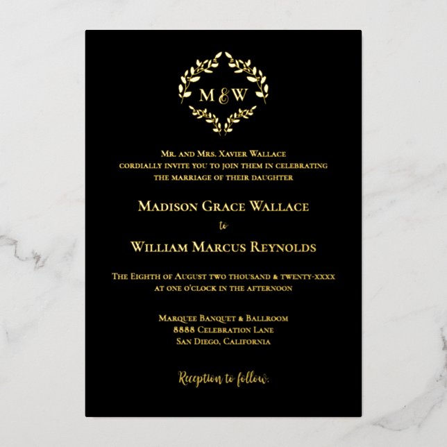 Luxe Black Gold Elegant Wreath Monogram Wedding Foil Holiday Card (Front)