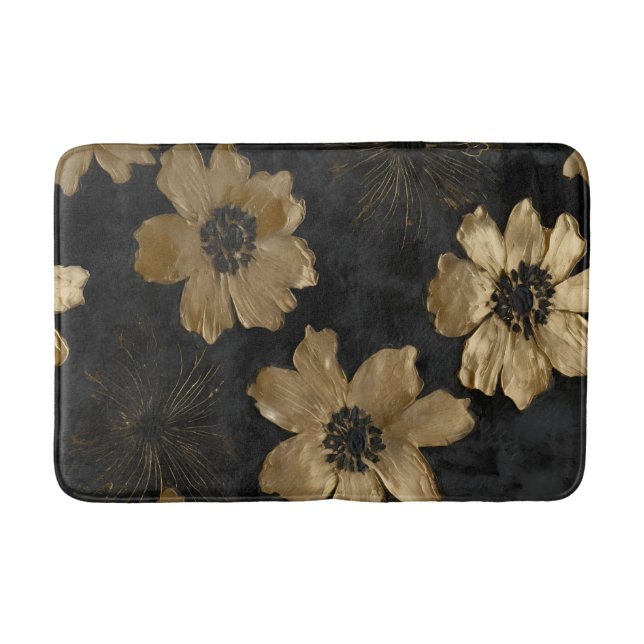 Luxe Black Gold Floral Home Decor Bath Mat (Front)