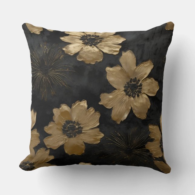 Luxe Black Gold Floral Home Decor Throw Pillow (Front)
